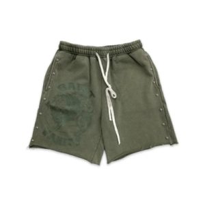 Saint Vanity Studded Terry logo Olive Shorts